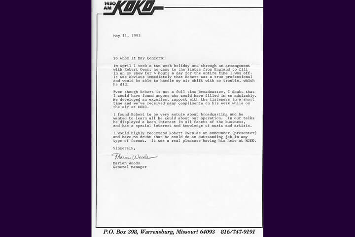 Reference from KOKO, Warrensburg Mo. USA (1993)