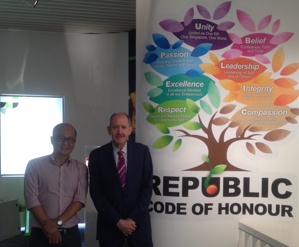 Nick Tan of RS with Robert Owen at Republic Poly, Singapore, November 2015